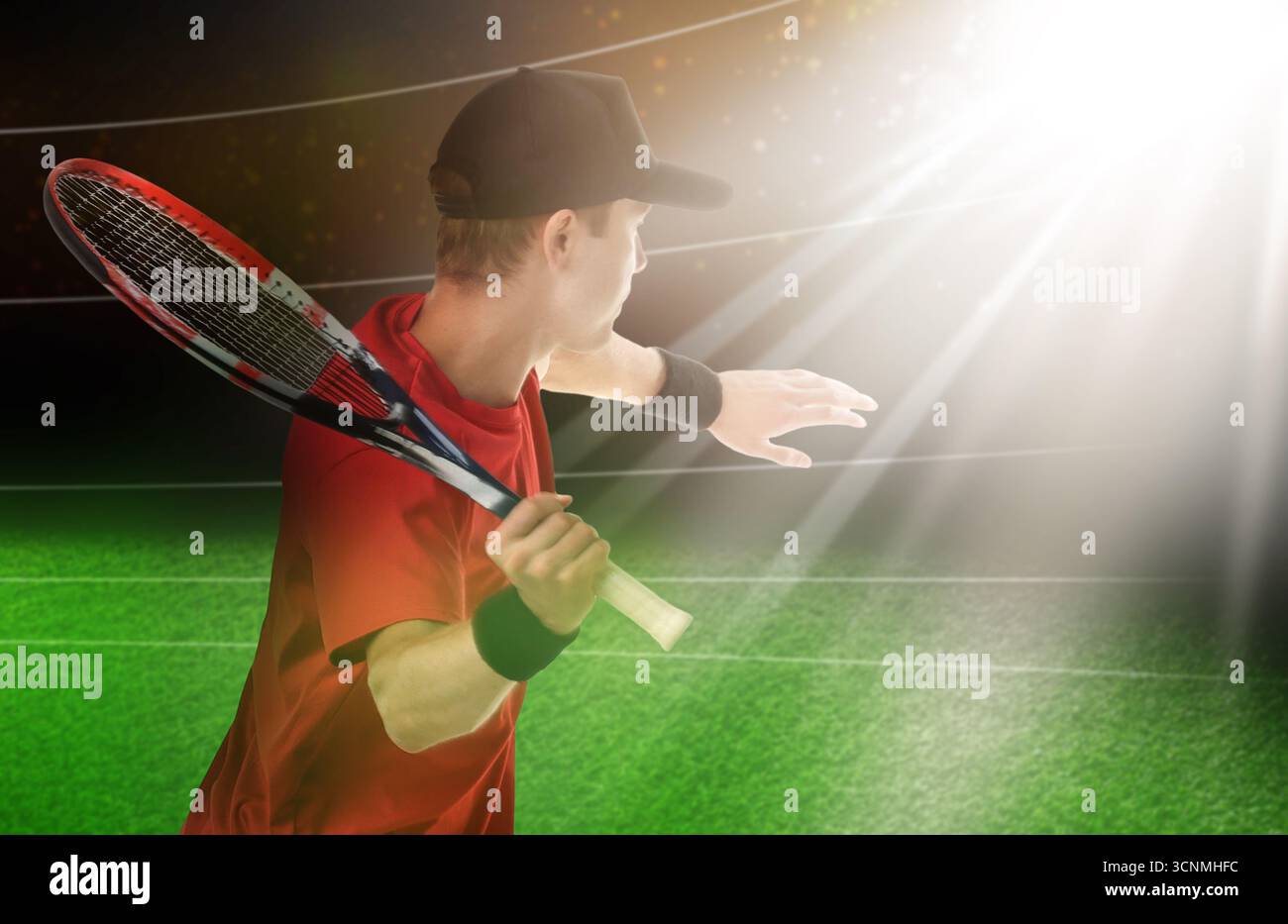 Man With Racket Man with racket playing tennis at stadium Stock Photo - Alamy