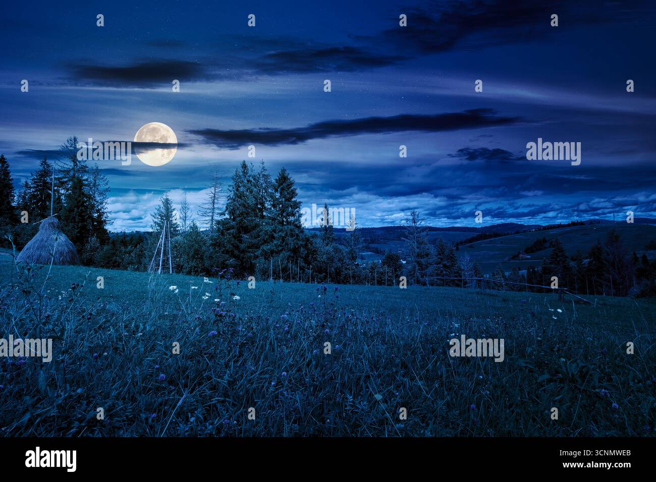 rural area in autumn at night. scenic view. countryside scenery with rolling hills. mountain landscape in full moon light. provincial outdoor adventur Stock Photo