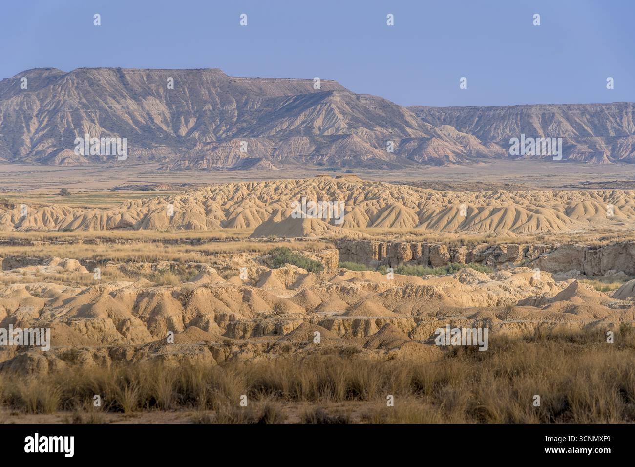 Bardenas Reales Desert Landscape With Eroded Rock Formations And Badlands. Semi-arid terrain, clay erosion, natural park, Navarre Spain, geological Stock Photo