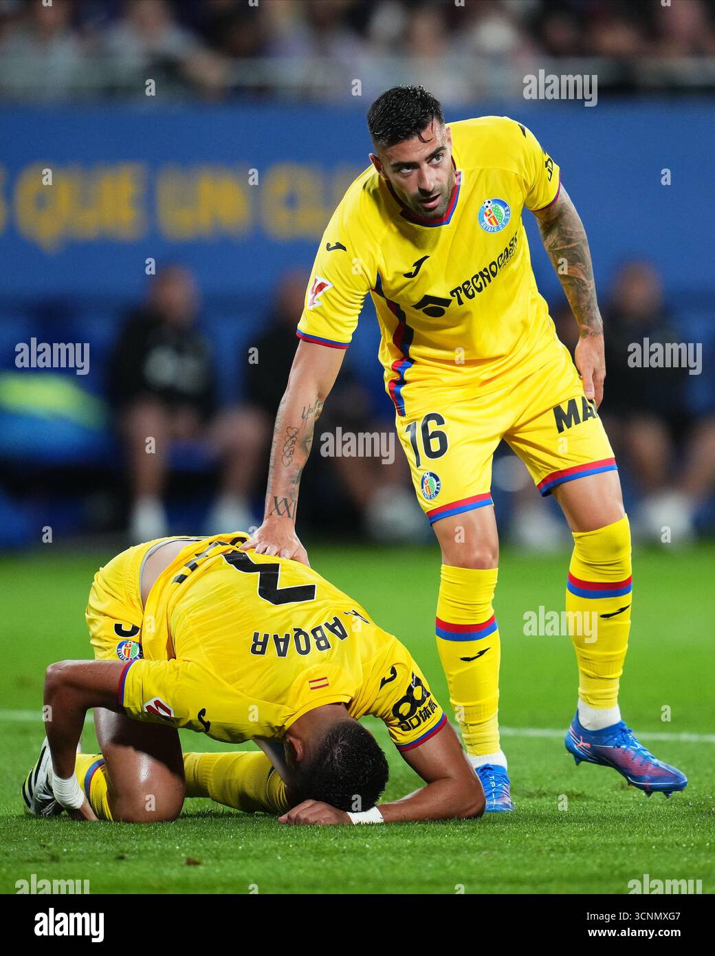Abdel Abqar and Diego Rico of Getafe CF during the La Liga EA Sports ...