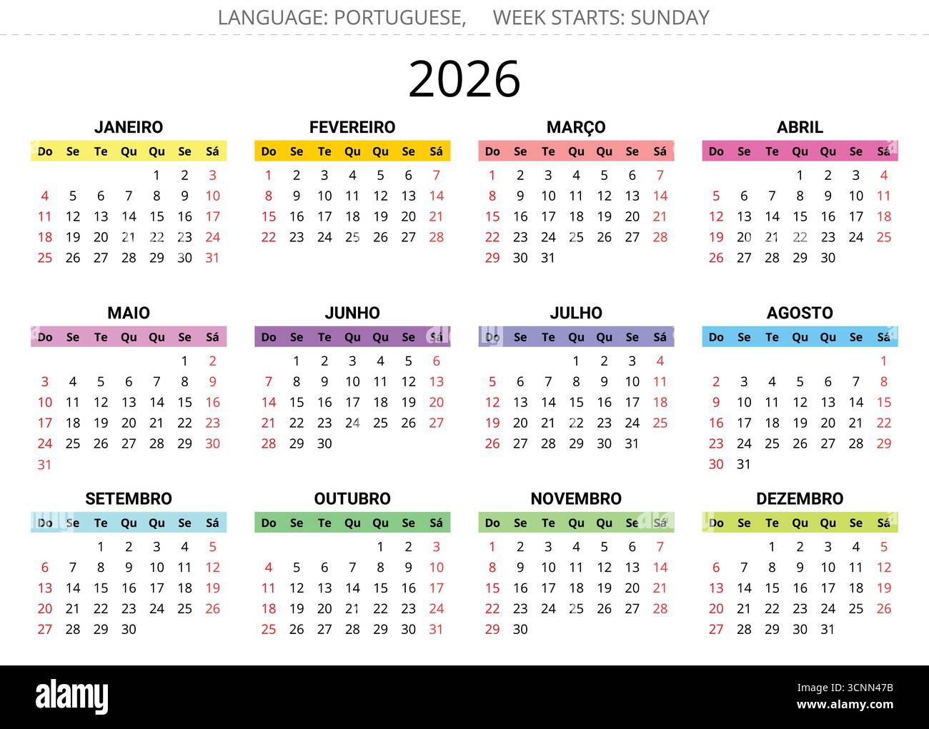 Portuguese Multicolor Calendar 2026 Year Vector Illustration Portugal portuguese-multicolor-calendar-2026-year-vector-illustration-portugal