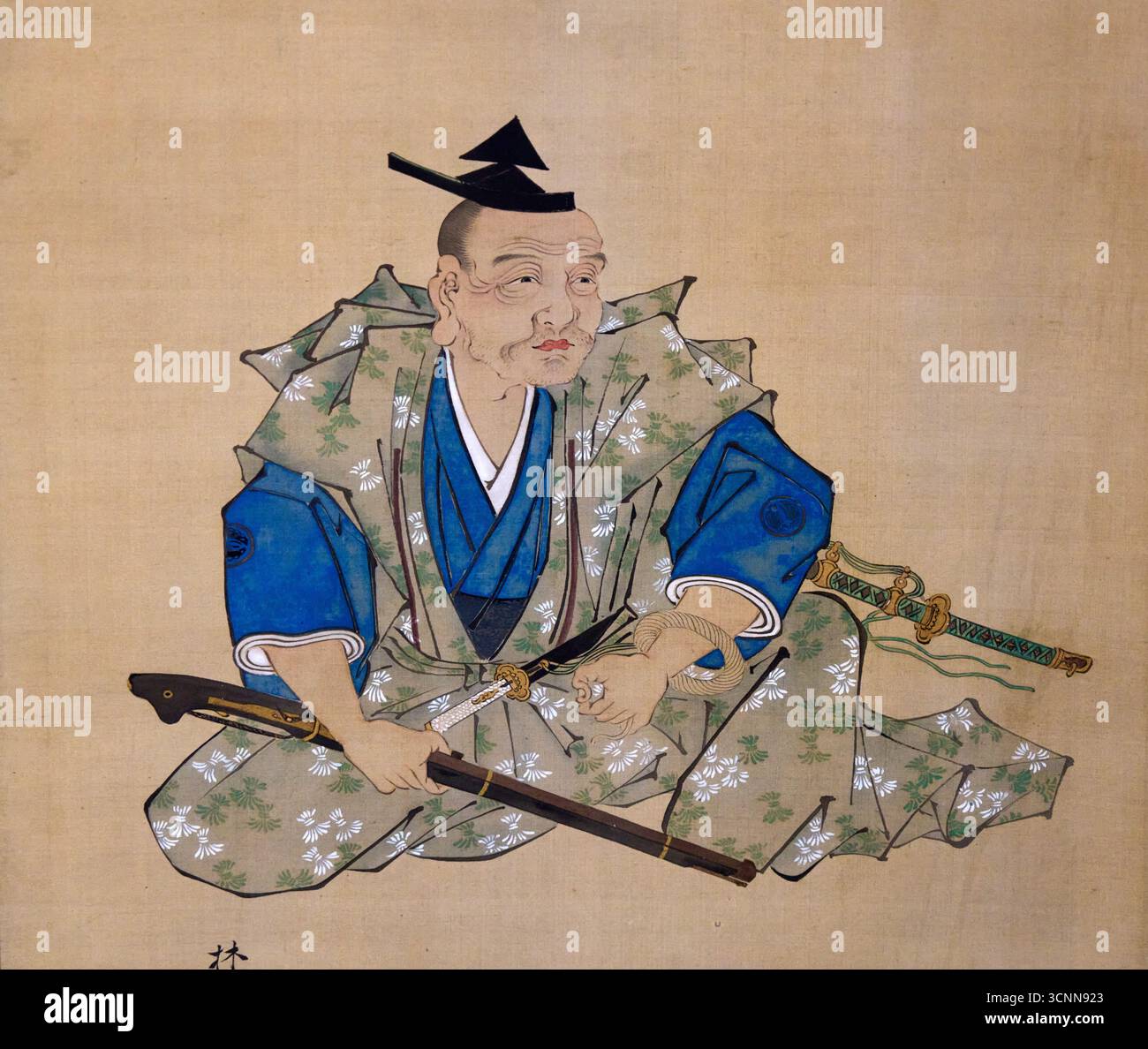 Rinsai (1791-1865), samurai armed with a gun, ink and paint on silk ...