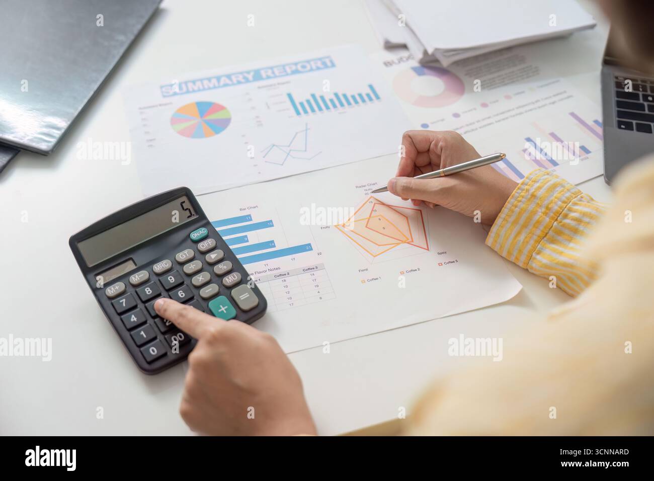 Manager Using Calculator Data Management. Professional using calculator and pen for report ...