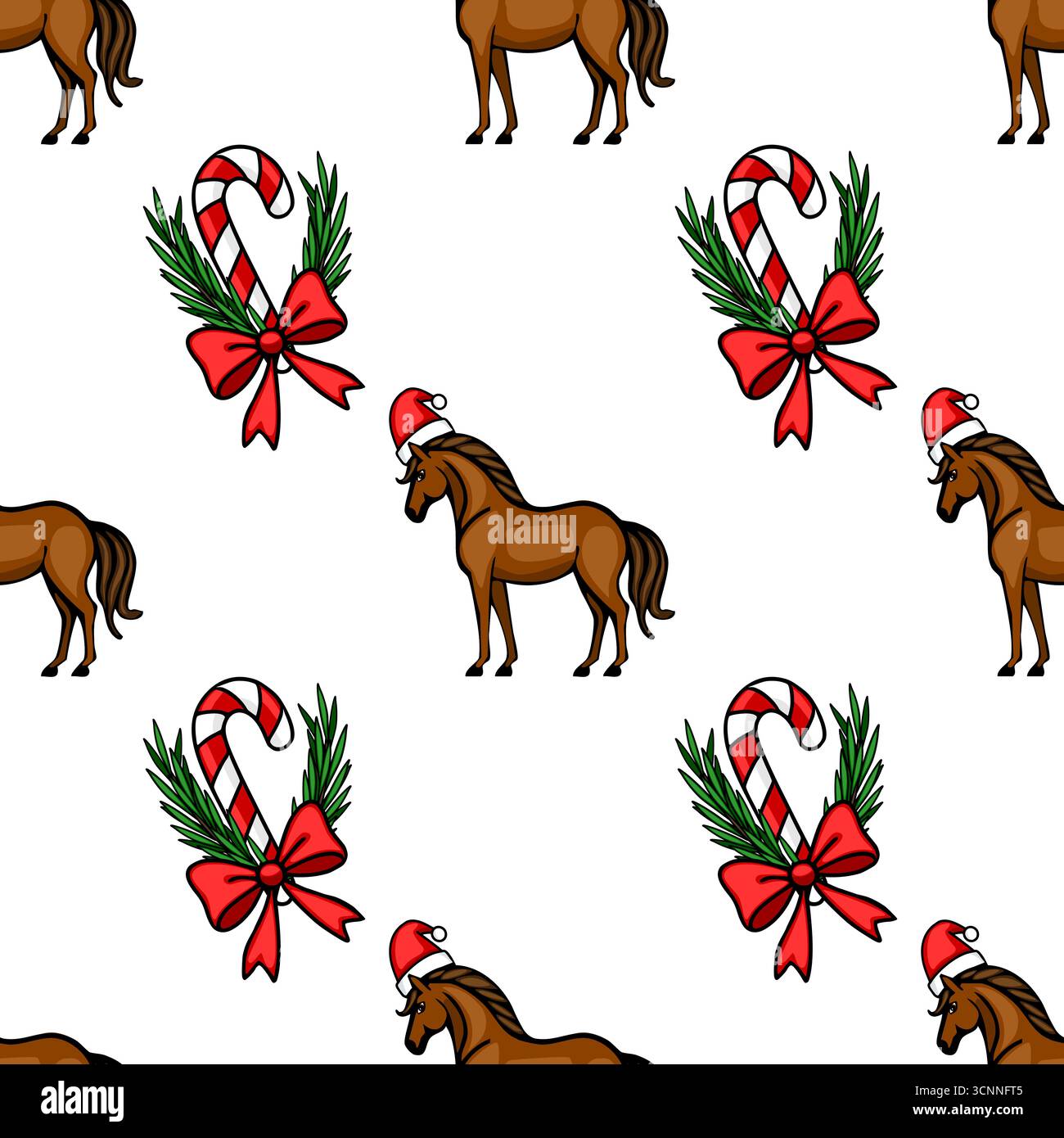 Seamless vector Christmas pattern featuring brown horses wearing Santa hats and candy cane with bow decorations on a white background, perfect for fes Stock Vector