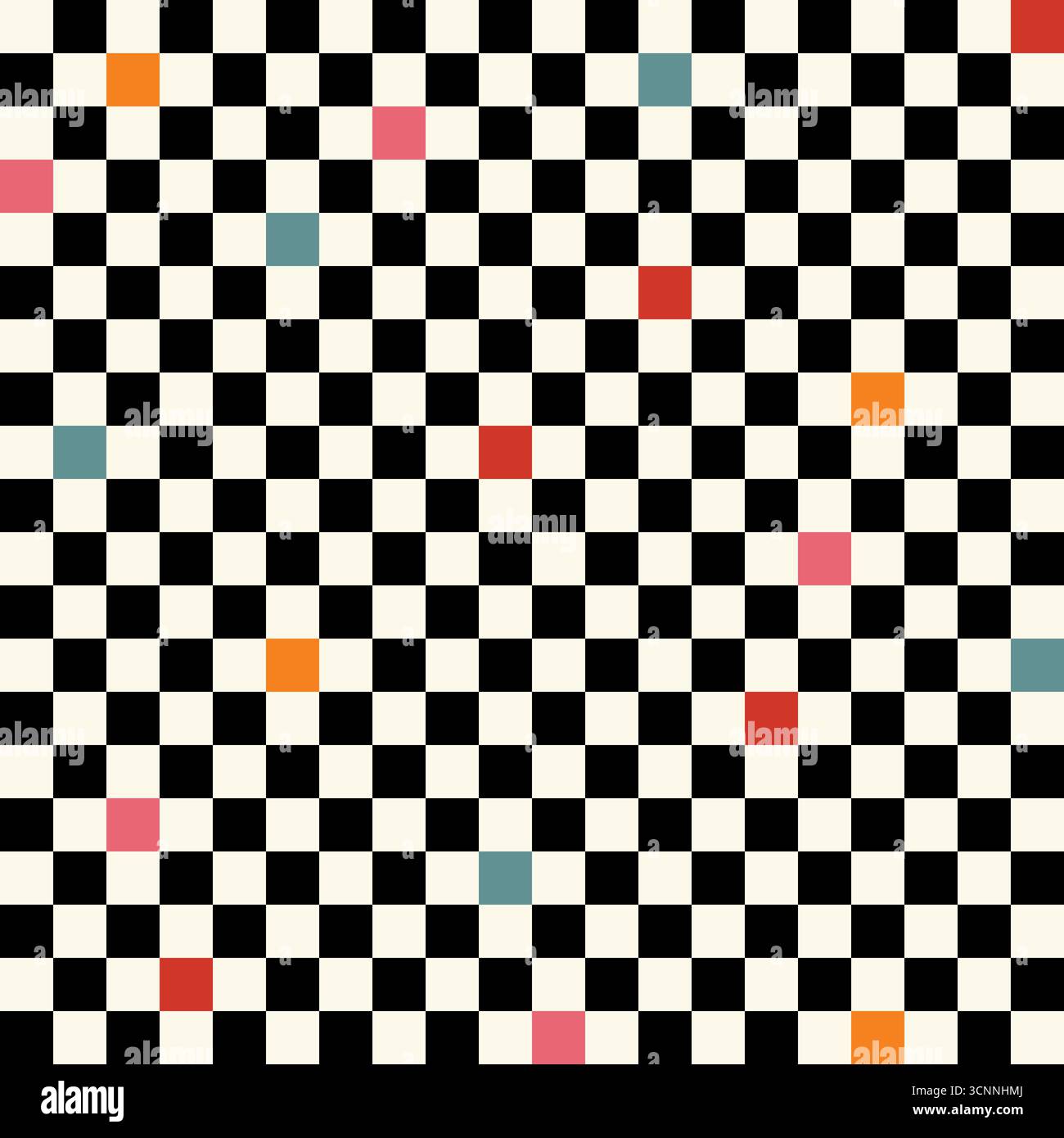 Hypnotic geometric background with checkerboard design. Black and white squares with color accents, creating a bold optical illusion effect , modern g Stock Vector