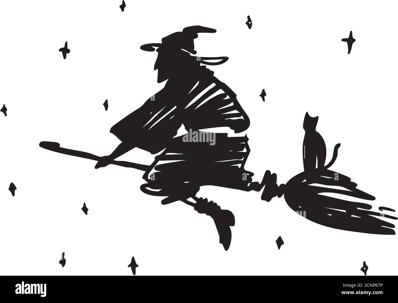A classic witch gracefully flies on her broomstick with a cat below a ...