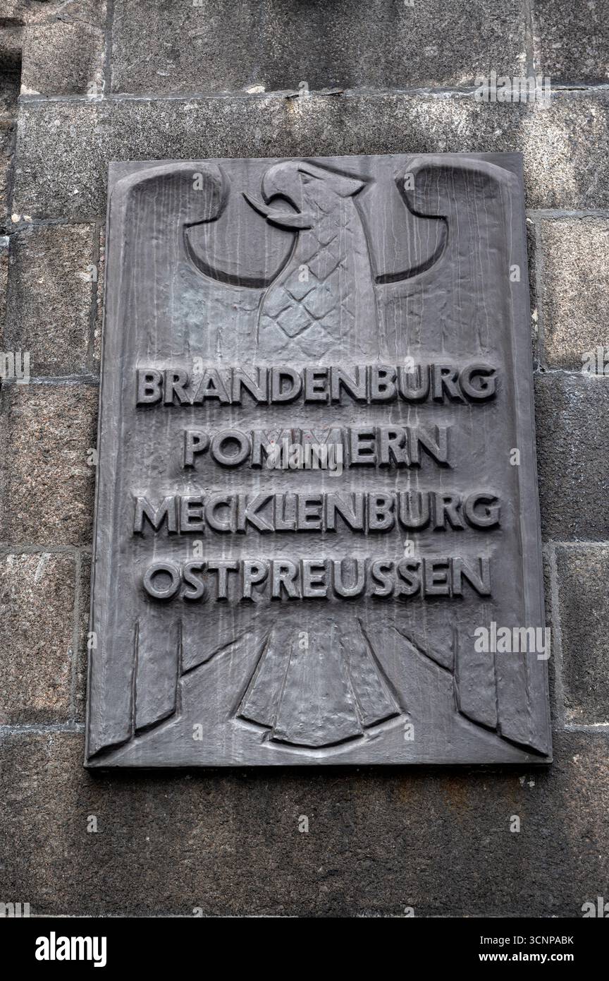 Koblenz Germany 6th October 2024.   The Deutches Eck, the confluence of two great rivers, the Rhine and the Moselle. Shields of the German states surr Stock Photo