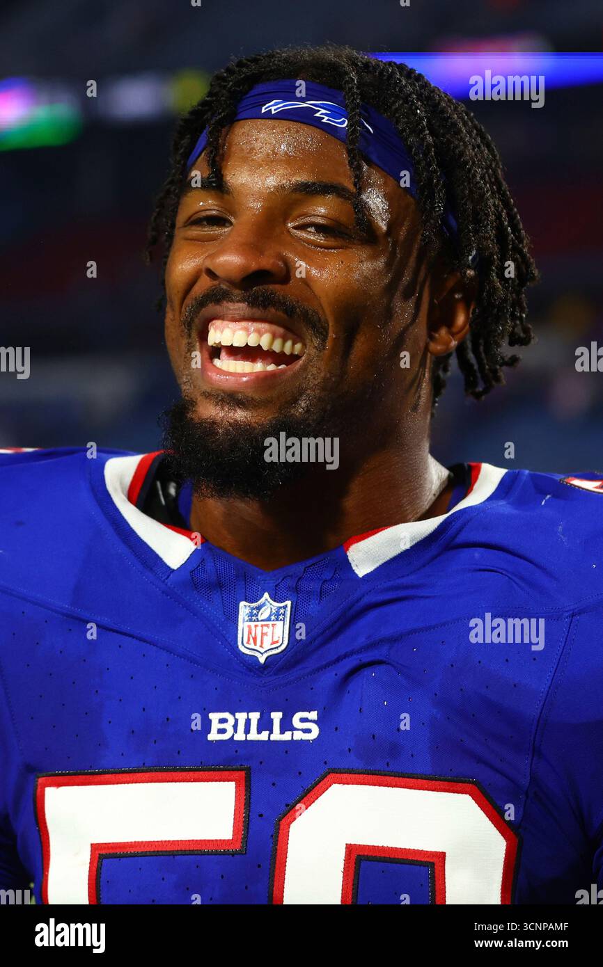Buffalo Bills defensive end Greg Rousseau (50) walks off the field ...