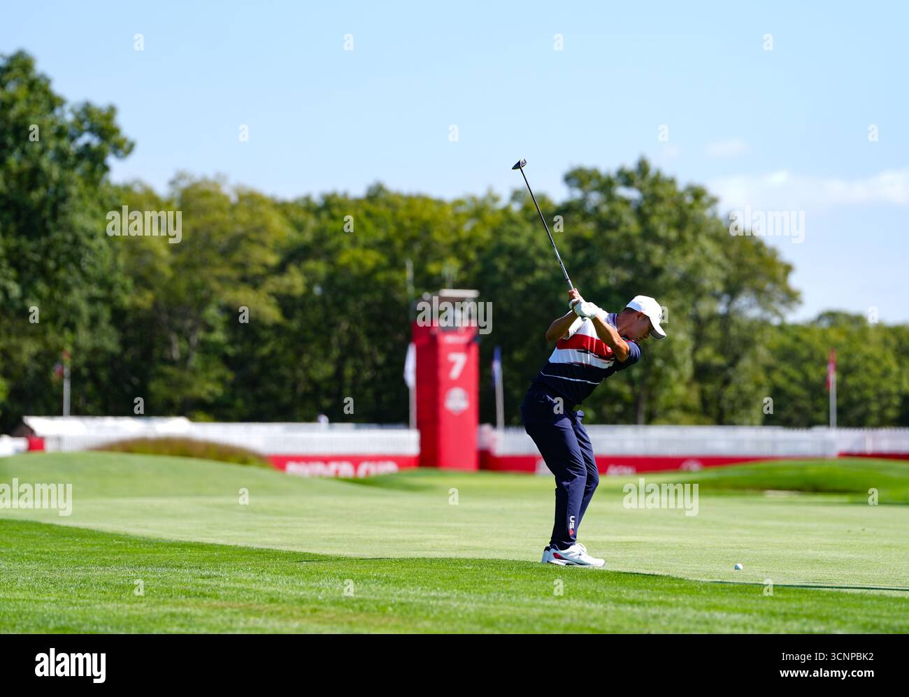 USA Collin Morikawa on the 7th during a practice round at the Bethpage ...