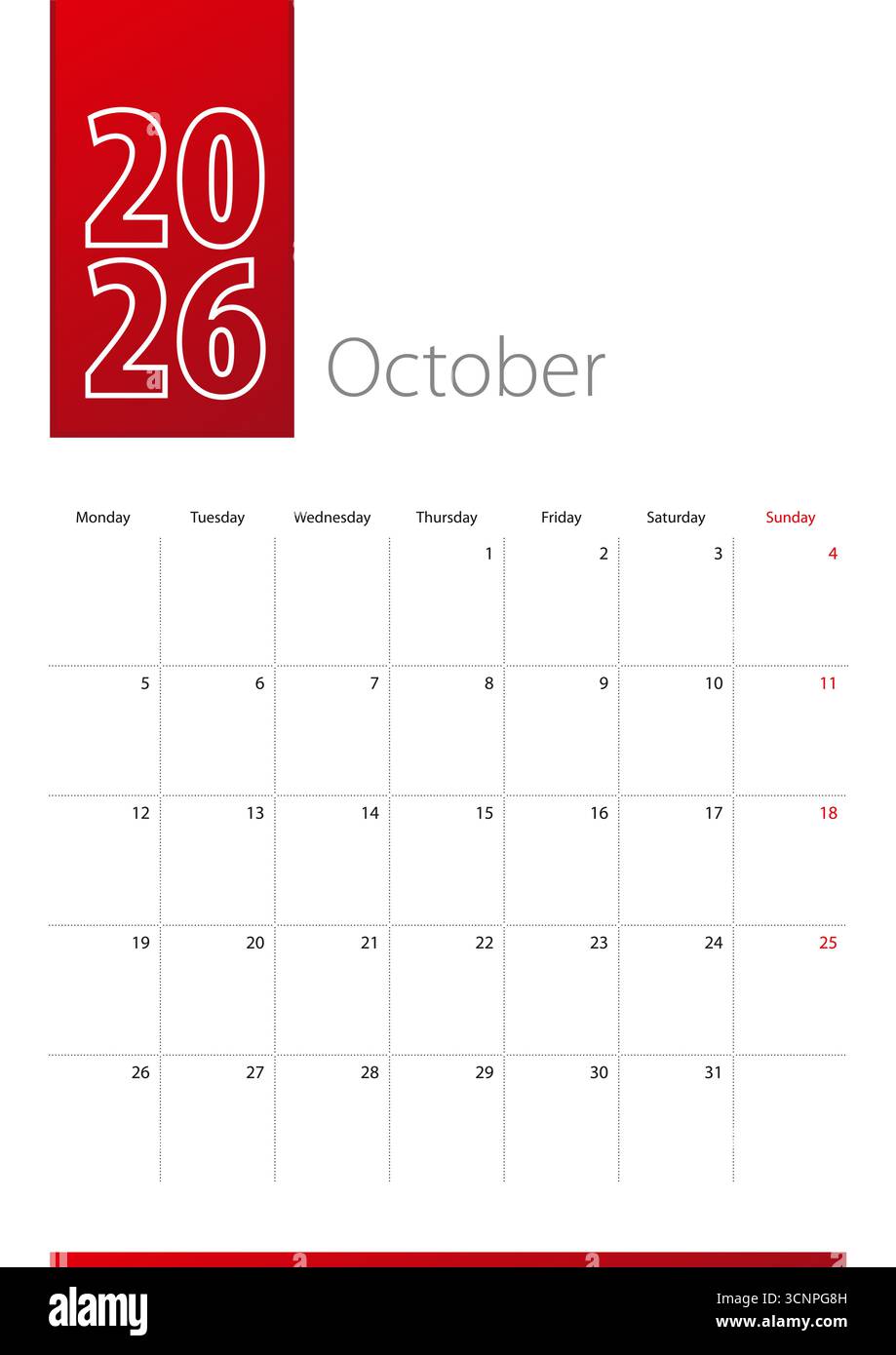 October 2026 calendar design. Week starts on Monday. Vertical 2026 ...