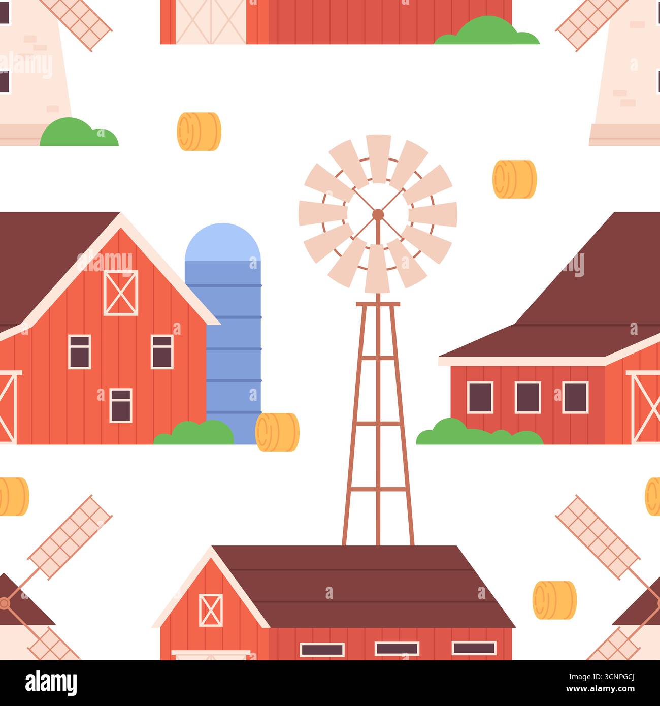 Countryside farm buildings seamless pattern. Mill, red barn, windmill. Decorative agriculture building print for fabric, textile backdrop, vector back Stock Vector