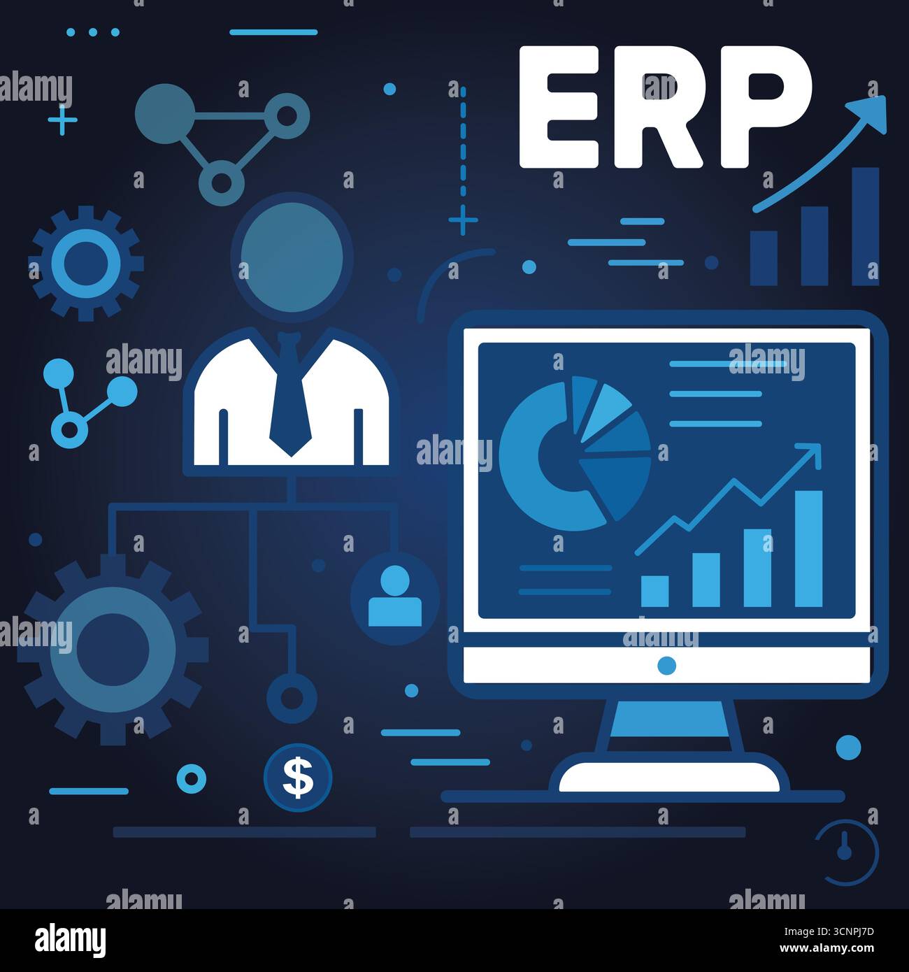 AI Robot Analyzing ERP System on a Virtual Screen, Enterprise Resource Planning Stock Vector