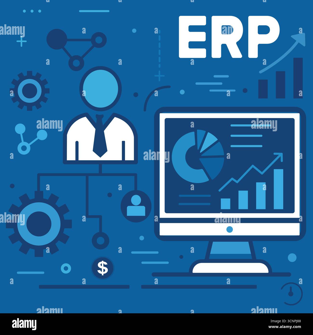 AI Robot Analyzing ERP System on a Virtual Screen Stock Vector