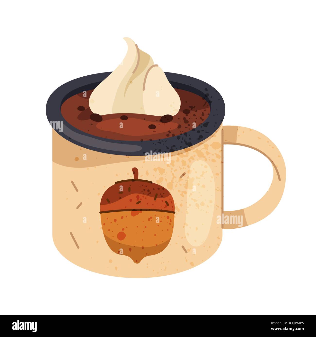 Hot chocolate drink with cream in cup. Vector winter or autumn beverage with cocoa and whipped marshmallow. Dessert or treat in mug. Fragrant cafe snack. Recipe or menu element. Flat clipart for fall. Stock Vector