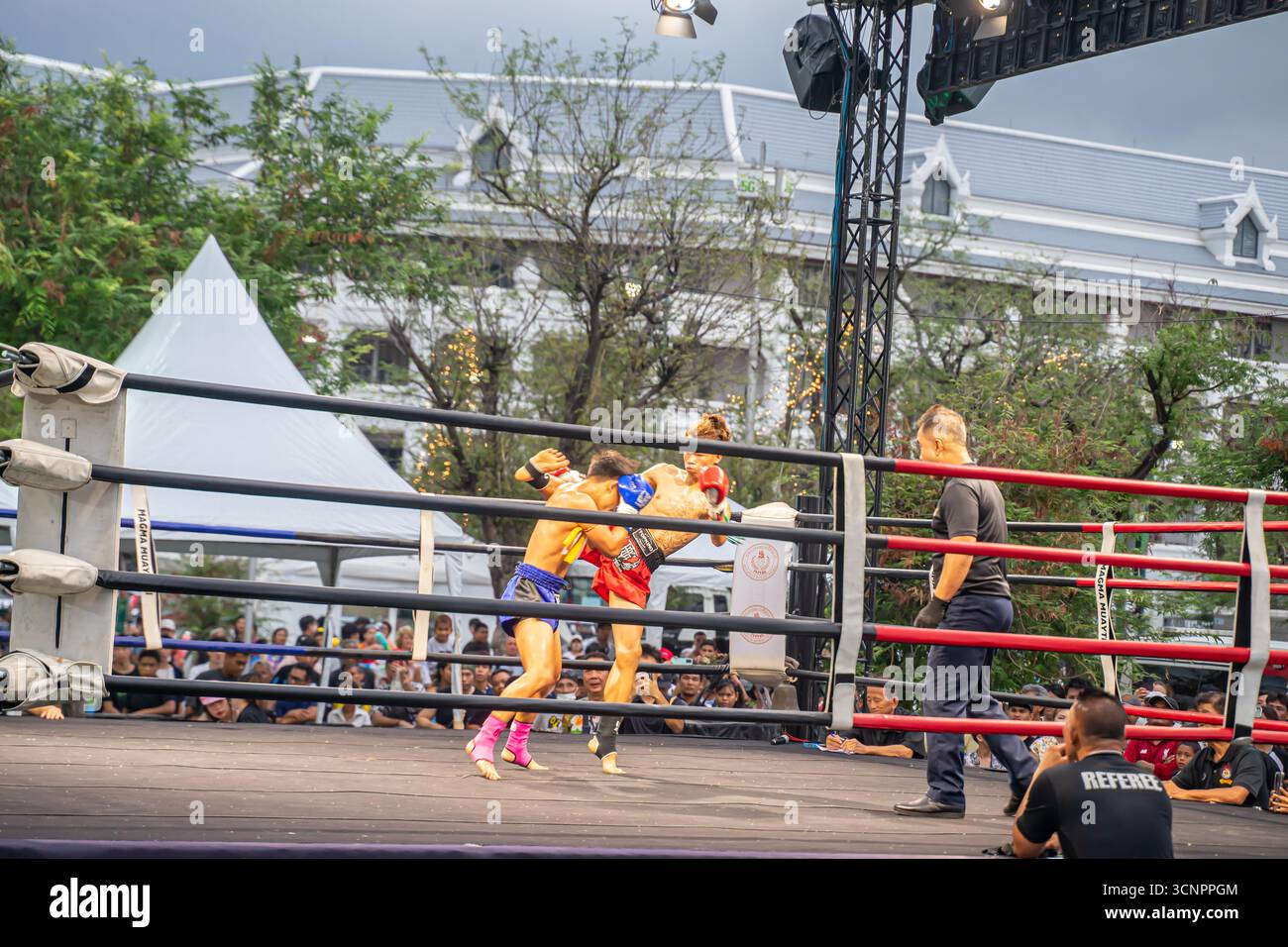 Muay Thai match outdoor, open for public, referie, Bangkok, Thailand Stock Photo