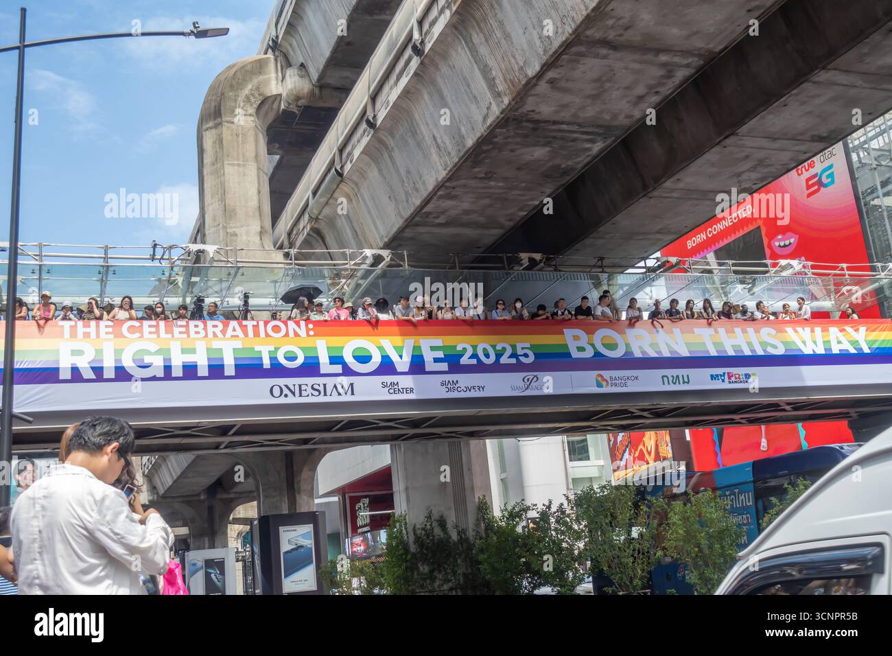 June 1, 2025: annual LGBT Gay Pride Parade in Bangkok, Thailand, Asia. Right to Love, Born This Way  banner on bridge Stock Photo