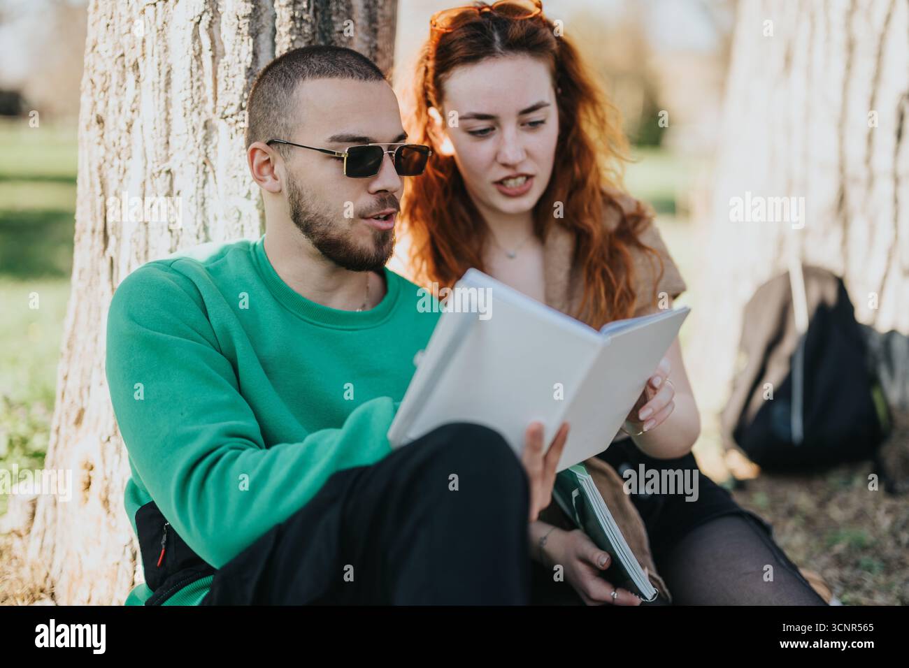 Young couple reading a book together outdoors under a tree Stock Photo