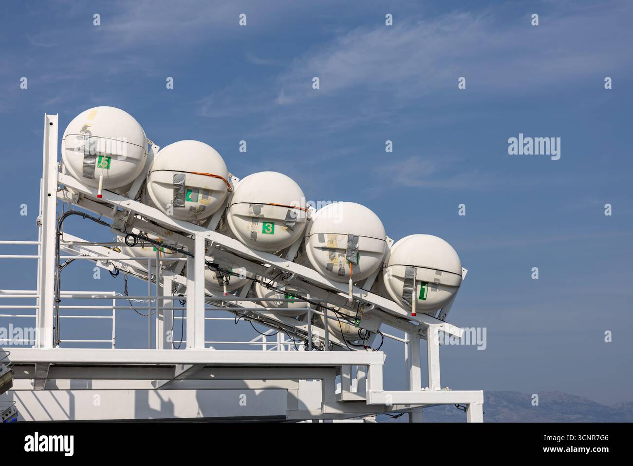 Lifeboats that are activated in the event of an emergency on board. Stock Photo