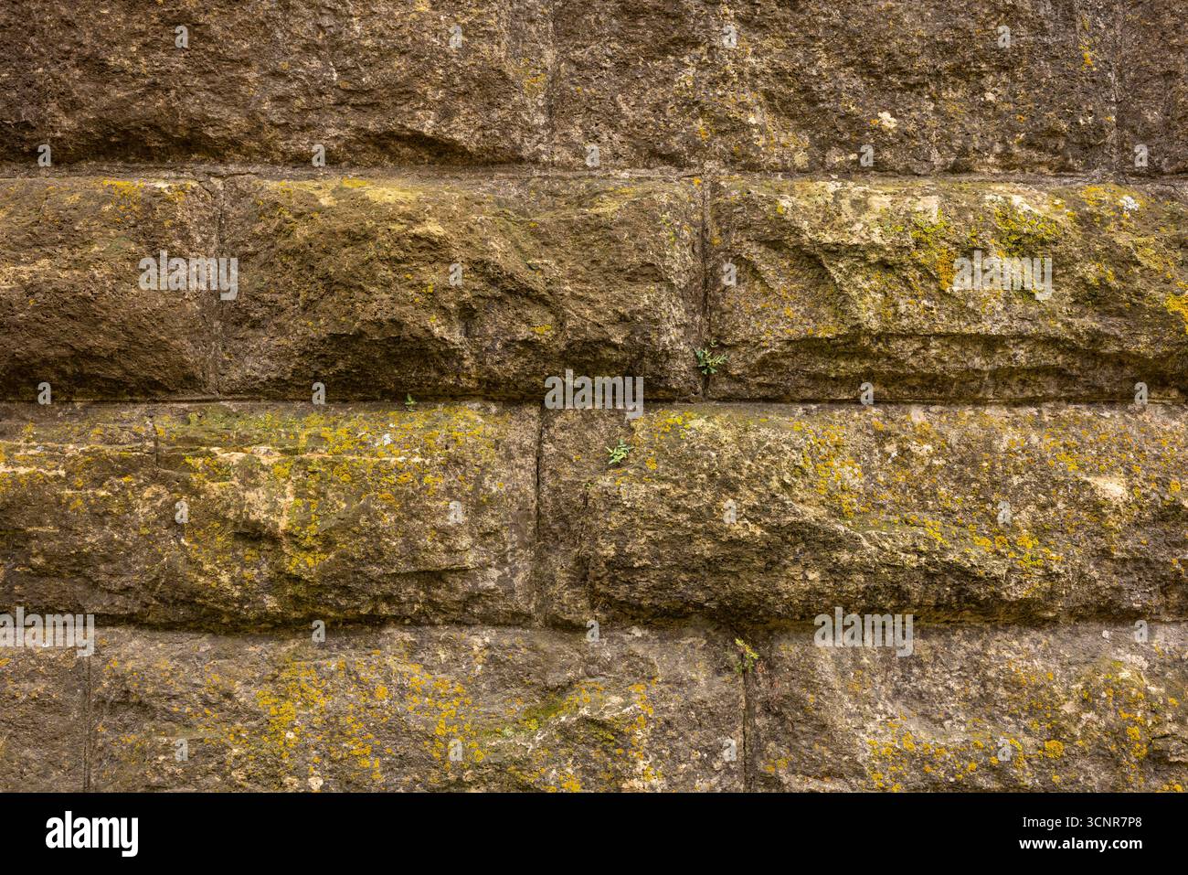 An old stone block wall with a little moss growing on it. Stock Photo