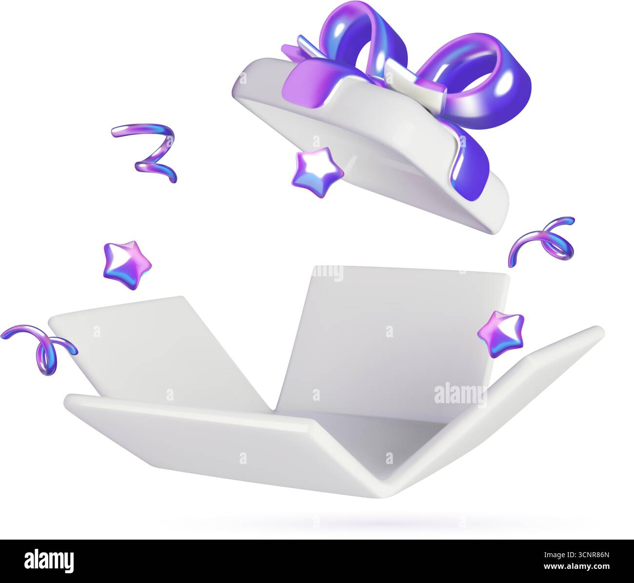 3d birthday present gift box opened exploding with stars and ribbons with empty space for a prize Stock Vector