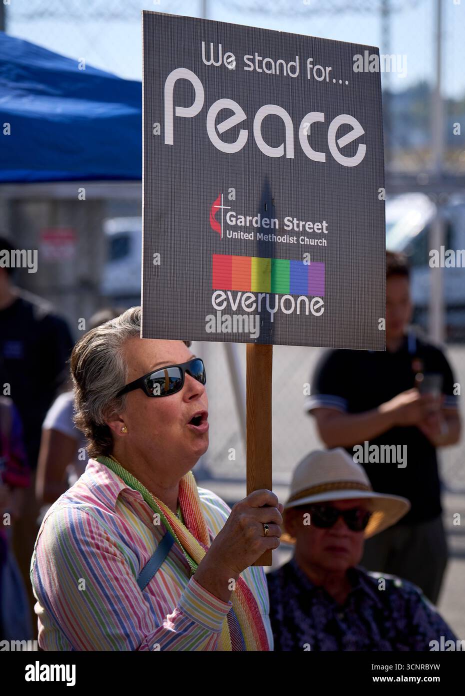 Gail Grossman of Bellingham, WA, holds a sign as United Methodists demonstrate on September 20, 2025, outside an ICE prison in Tacoma, WA. Stock Photo