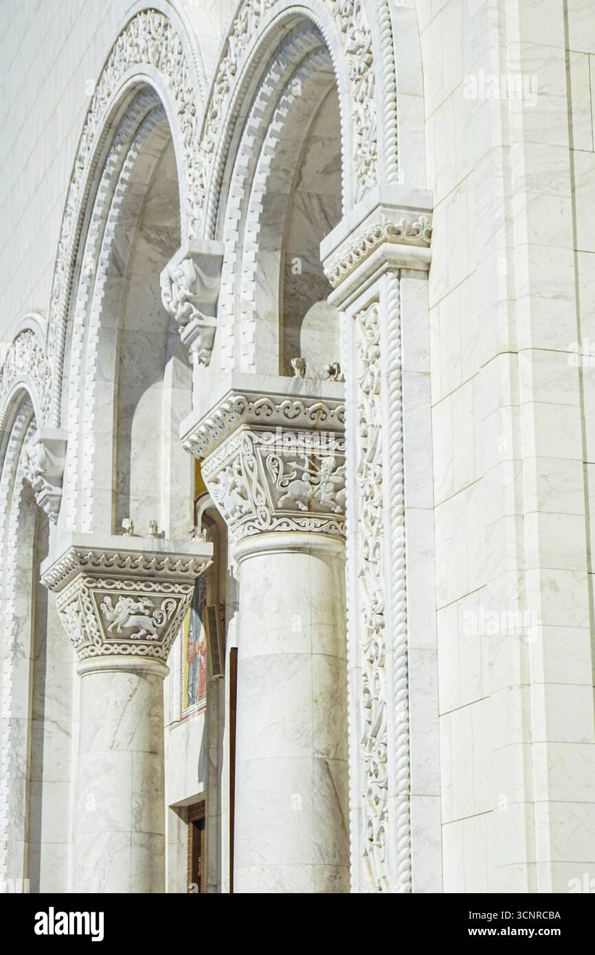 Carved stone columns and arches of Church of Saint Sava. Architectural ...