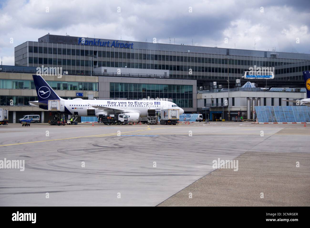 Frankfurt, Germany, June 10, 2019: Airbus A320 at the Gate of Frankfurt Airport Viewed from the Apron Stock Photo