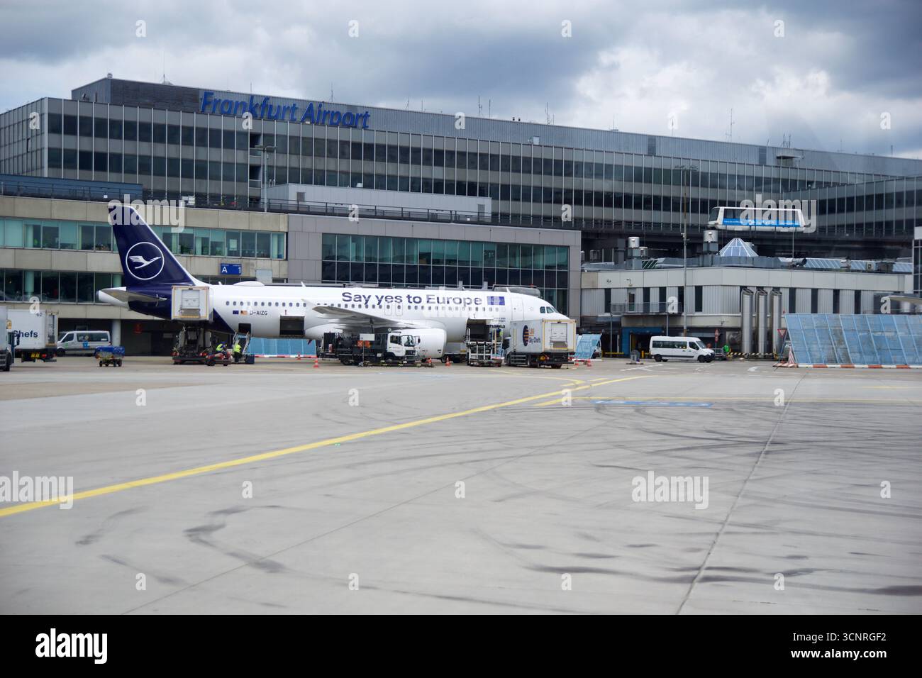 Frankfurt, Germany, June 10, 2019: Airbus A320 at the Gate of Frankfurt Airport Viewed from the Apron Stock Photo