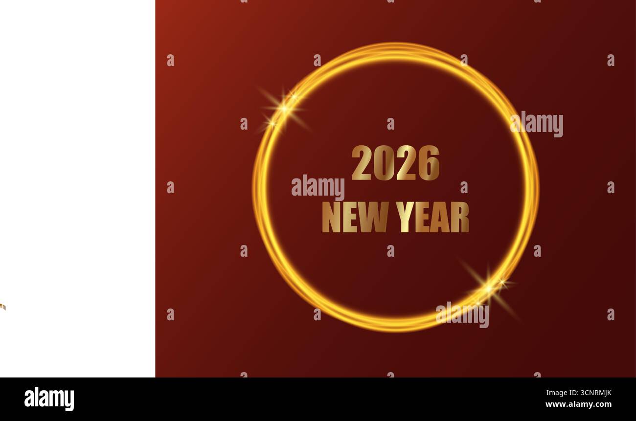 Red background with gold lettering reading New Year 2026 in a gold ...