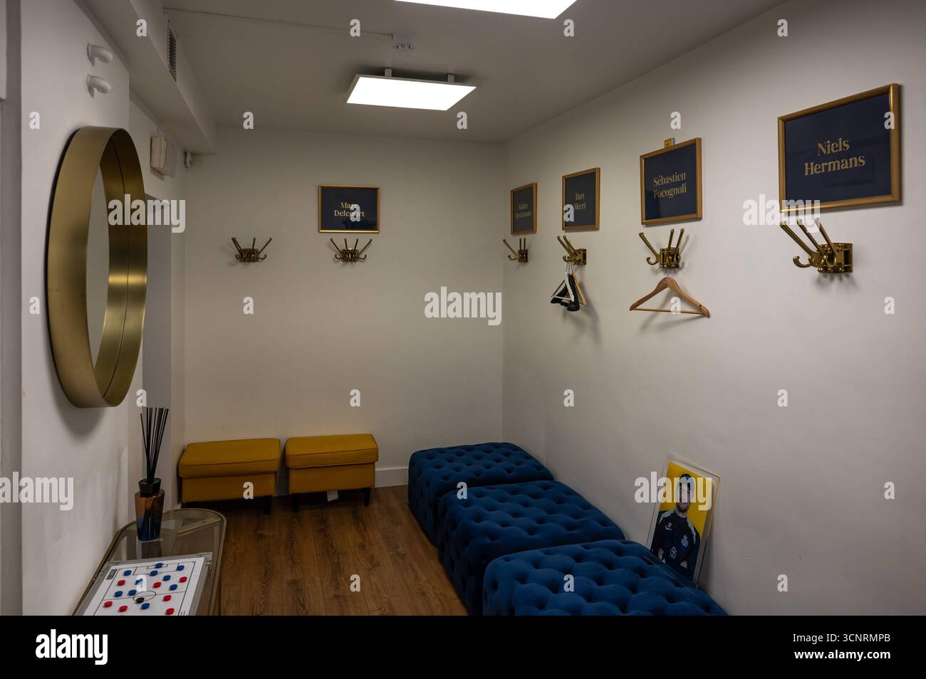 Dressing room for the trainer with major players names in USG , Stade Joseph Marien, Vorst Forest, Brussels, Belgium 20 SEP 2025 Stock Photo