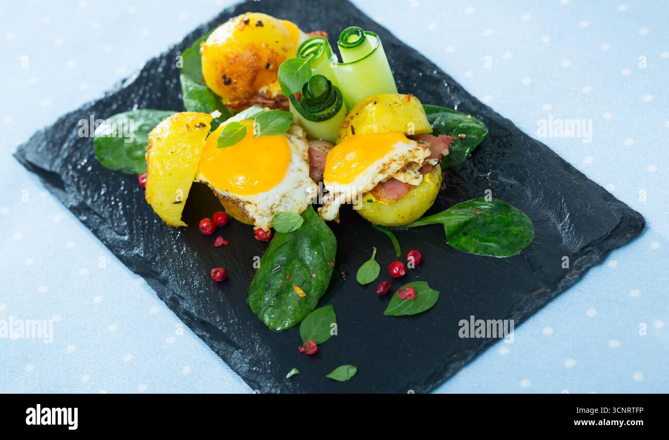 Potato burgers with quail egg Stock Photo