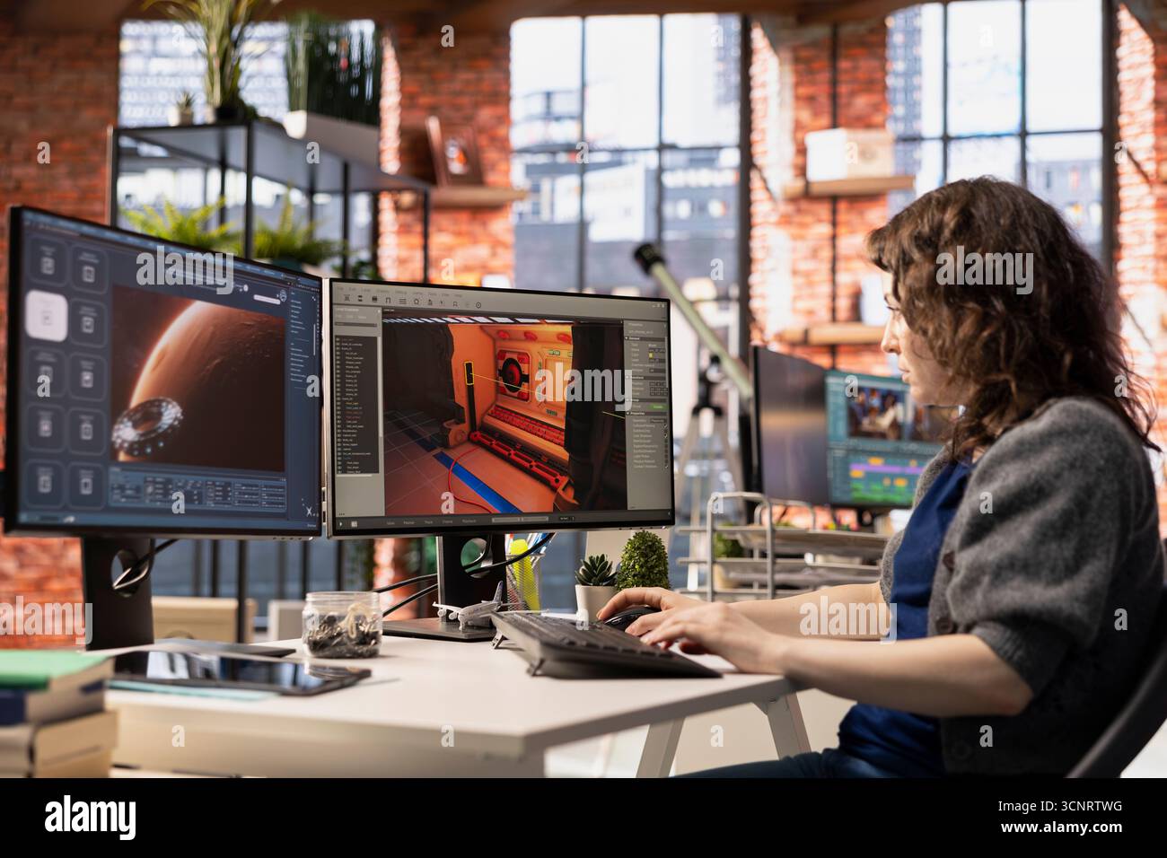 Young woman uses an AI powered assistant for game development, futuristic gaming software. Program processes commands and generates spatial designs using machine learning techniques. Stock Photo