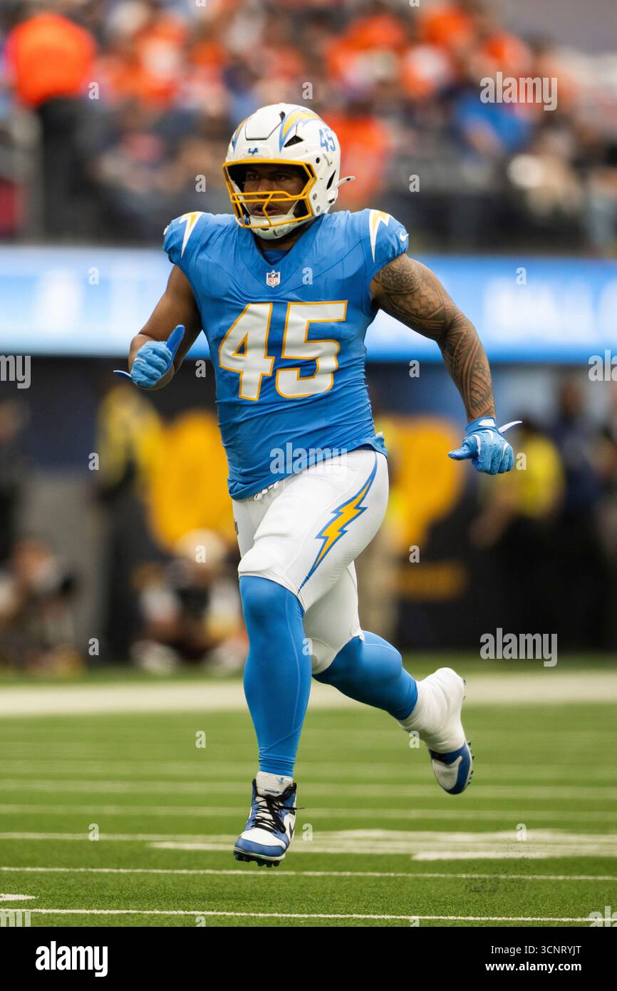 Los Angeles Chargers linebacker Tuli Tuipulotu (45) runs during an NFL ...
