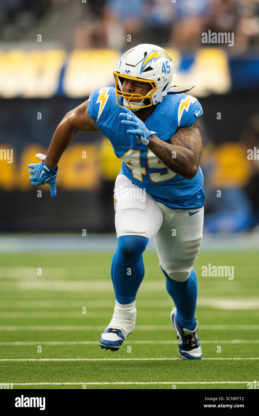 Los Angeles Chargers linebacker Tuli Tuipulotu (45) runs during an NFL ...