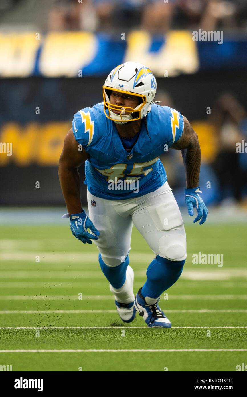 Los Angeles Chargers linebacker Tuli Tuipulotu (45) runs during an NFL ...
