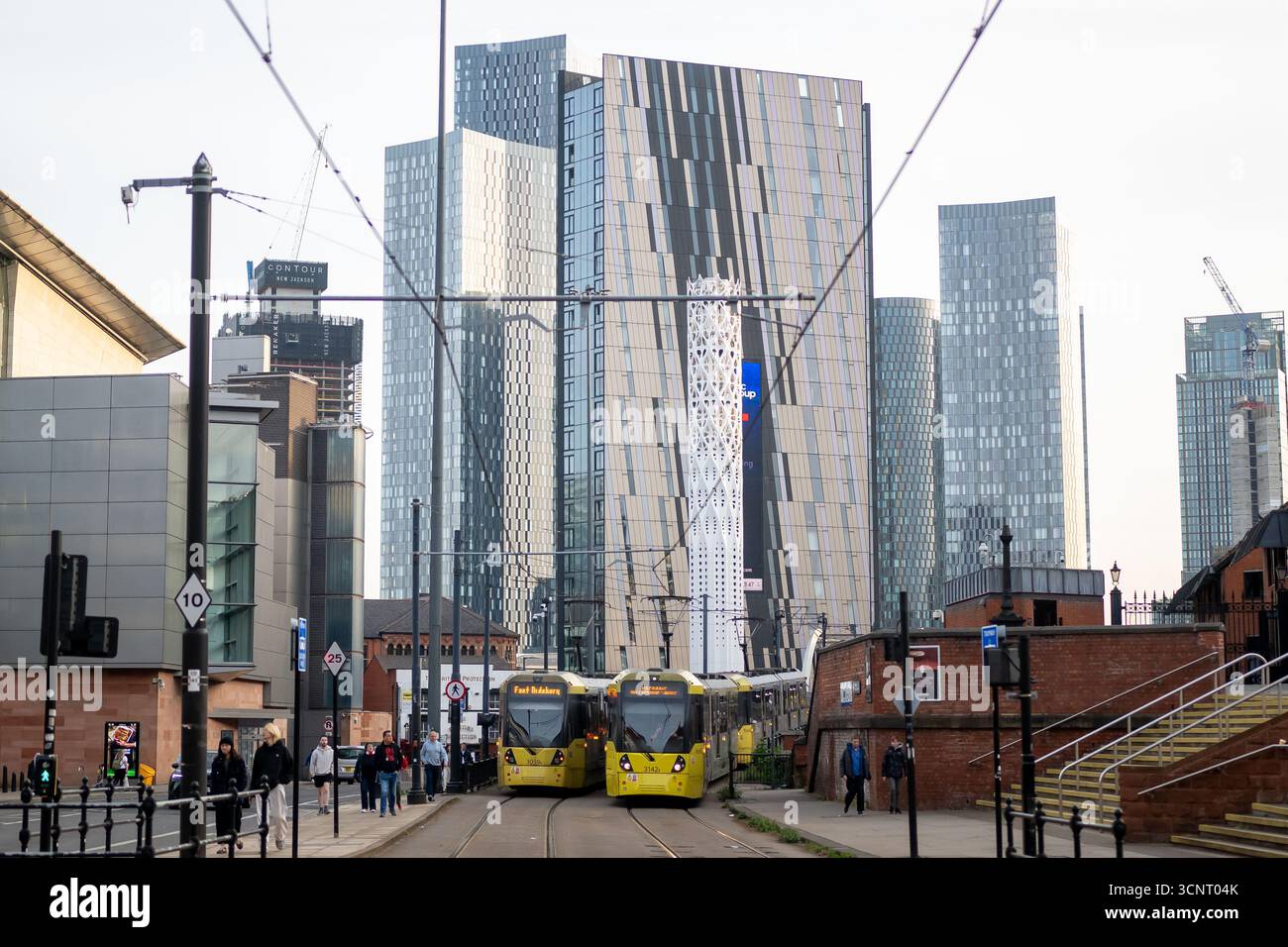 MANCHESTER, ENGLAND - MAY 06: Trams in Manchester on May 06, 2025 in Manchester, England. Stock Photo