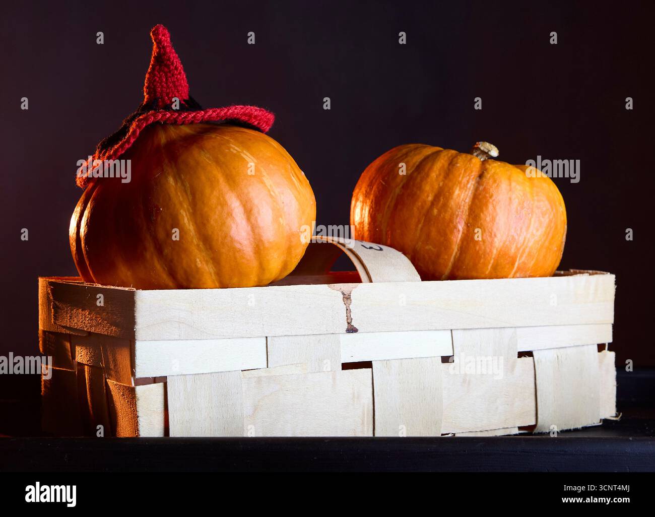 Two pumpkins in wooden basket with witch hat placed on top ...
