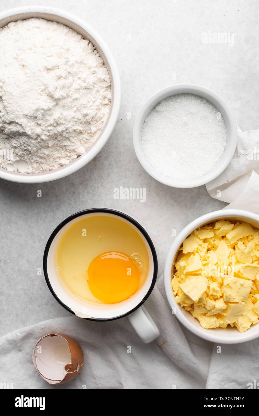 Overhead view of mise en place of ingredients used to make tart shell ...