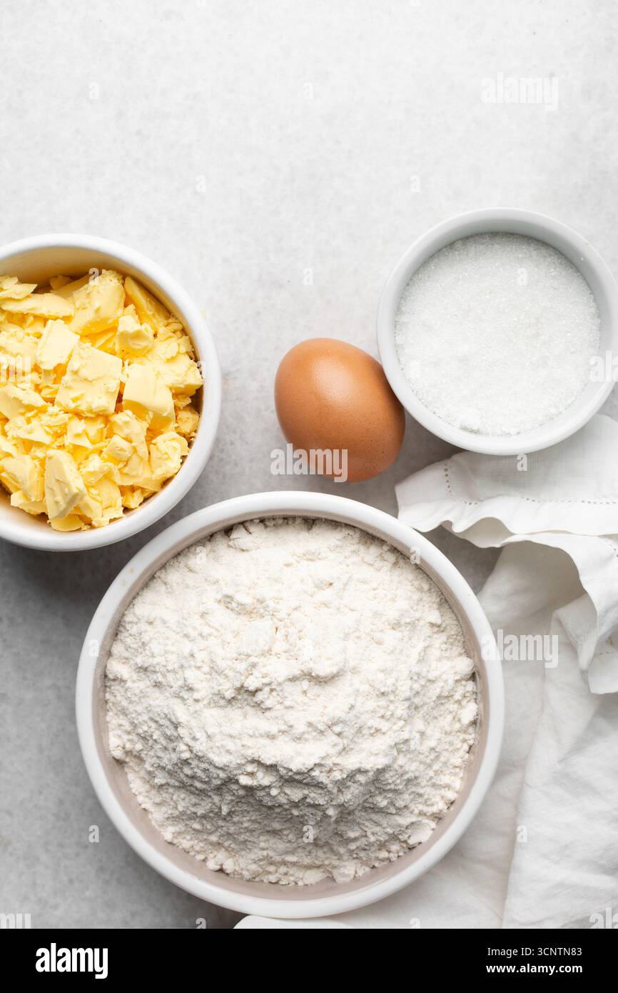 Overhead view of mise en place of ingredients used to make tart shell ...
