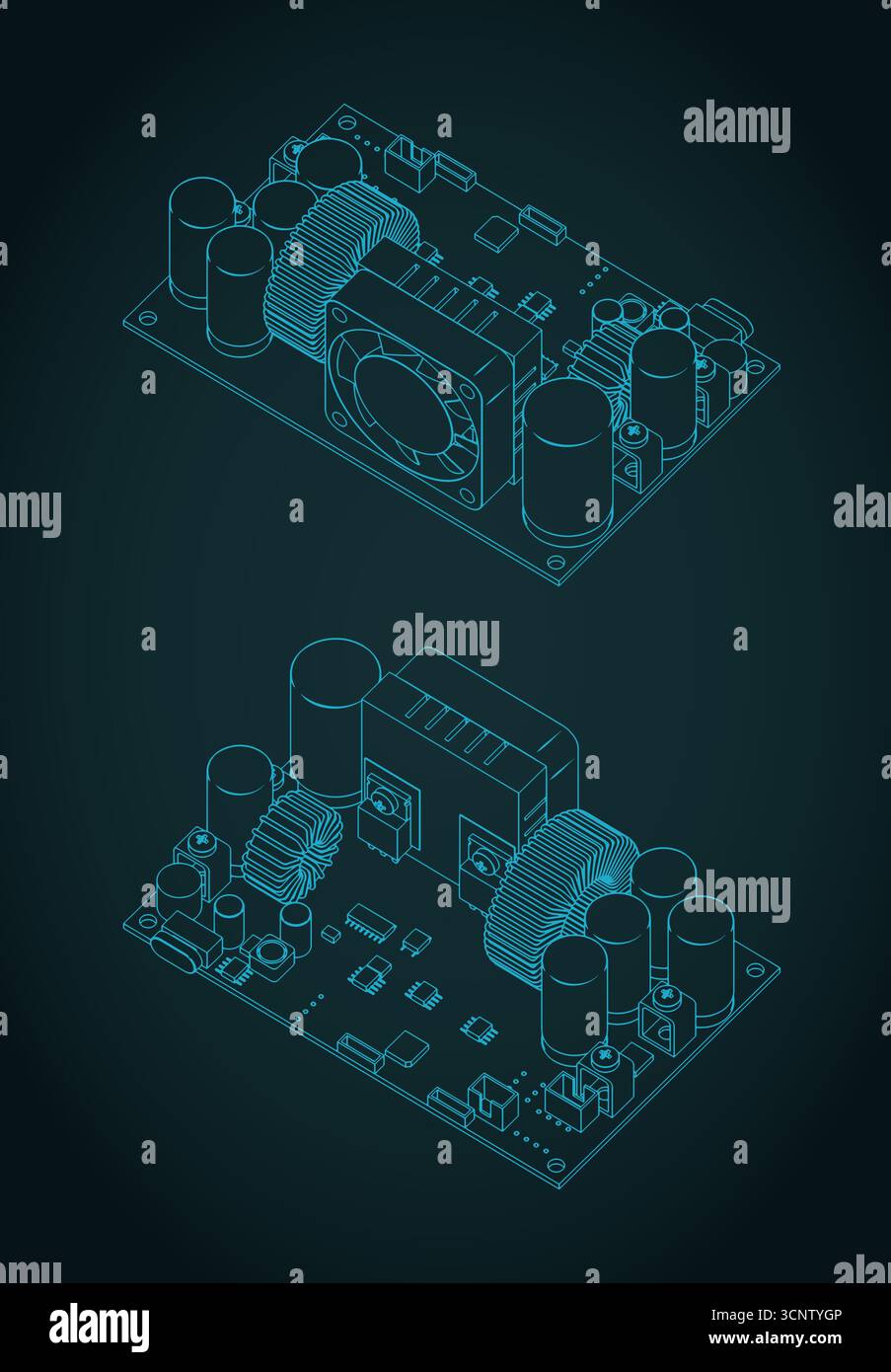 CNC DC adjustable buck power supply module voltage regulator isometric blueprint stylized vector illustrations Stock Vector