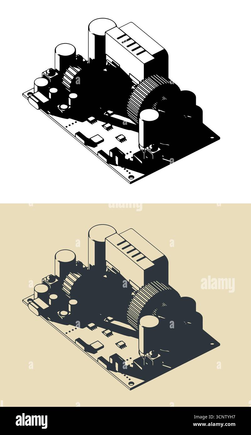 CNC DC adjustable buck power supply module voltage regulator stylized vector illustrations Stock Vector