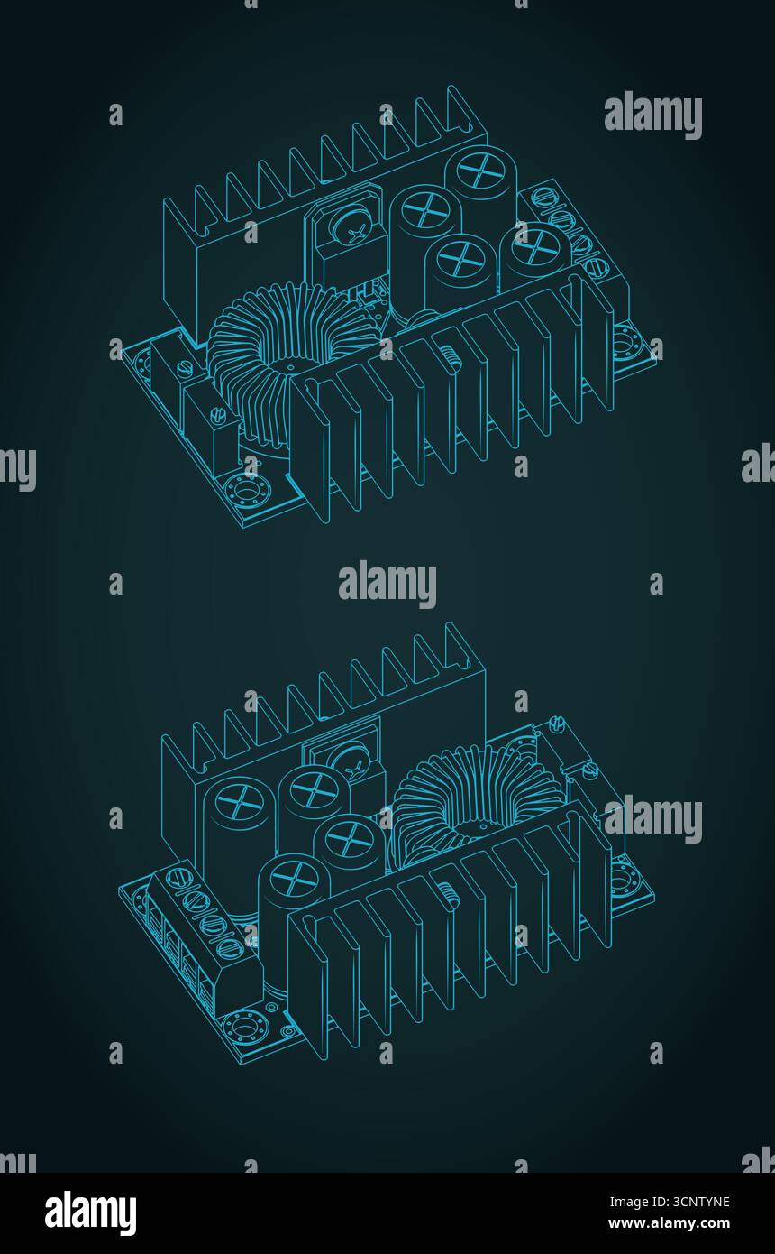 DC power supply isometric blueprints stylized vector illustrations Stock Vector