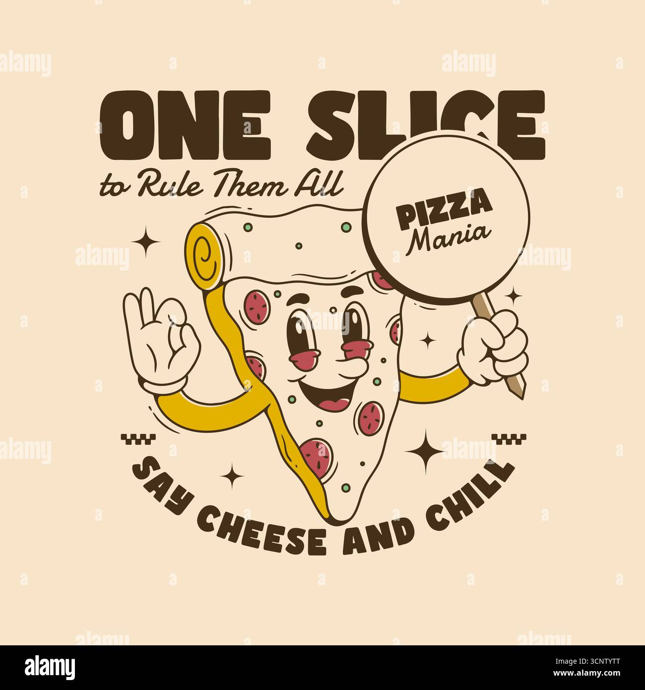 Slice Sign In Cartoon pizza slice character holding a sign with text Pizza Mania ...
