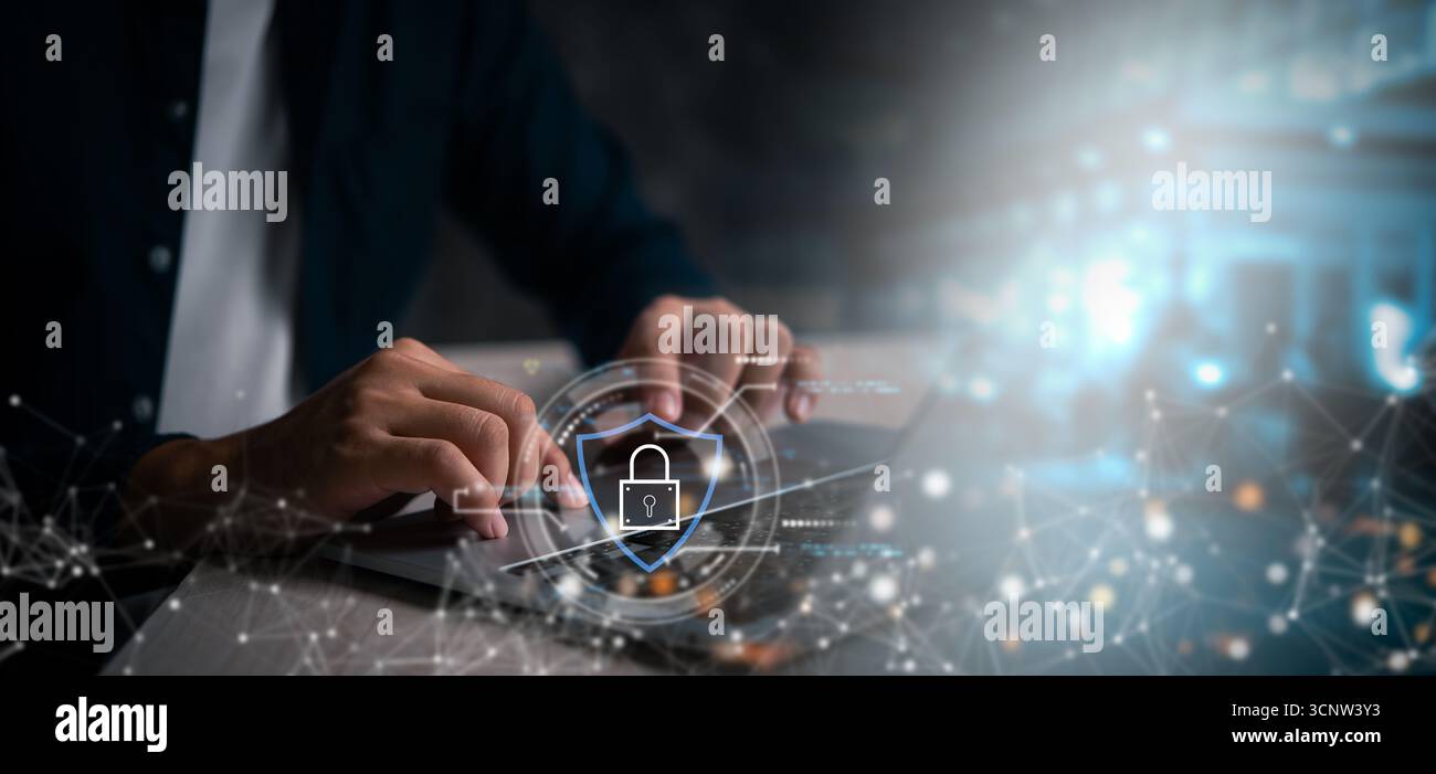 Cybersecurity internet networking database privacy server system firewall protect hacking online safe password and information cloud digital technolog Stock Photo