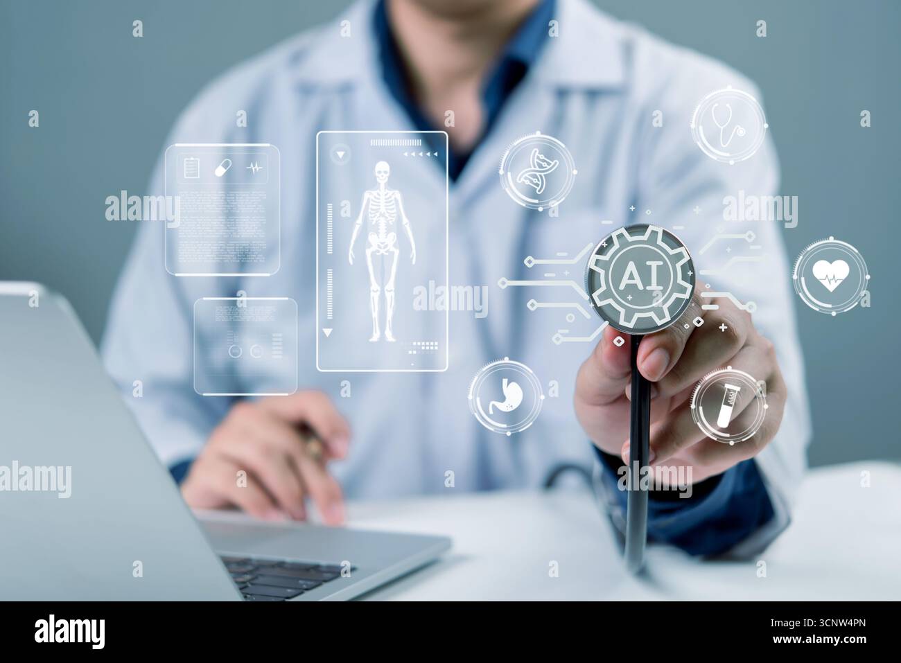 Doctor using AI-powered technology in healthcare, visualizing virtual medical data and diagnostics. Advanced artificial intelligence system supporting Stock Photo