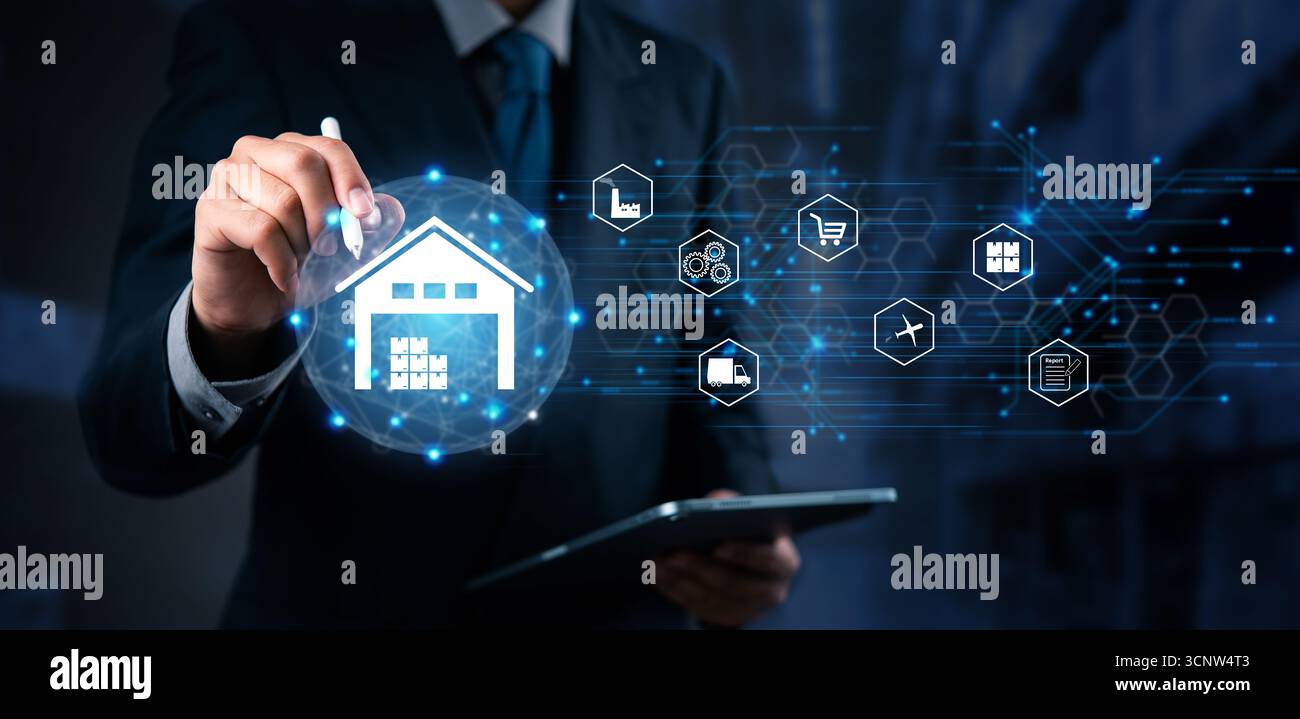 Supply chain and smart warehouse control with delivery system, e-commerce logistics, digital tracking, and cloud-based inventory. Innovative technolog Stock Photo
