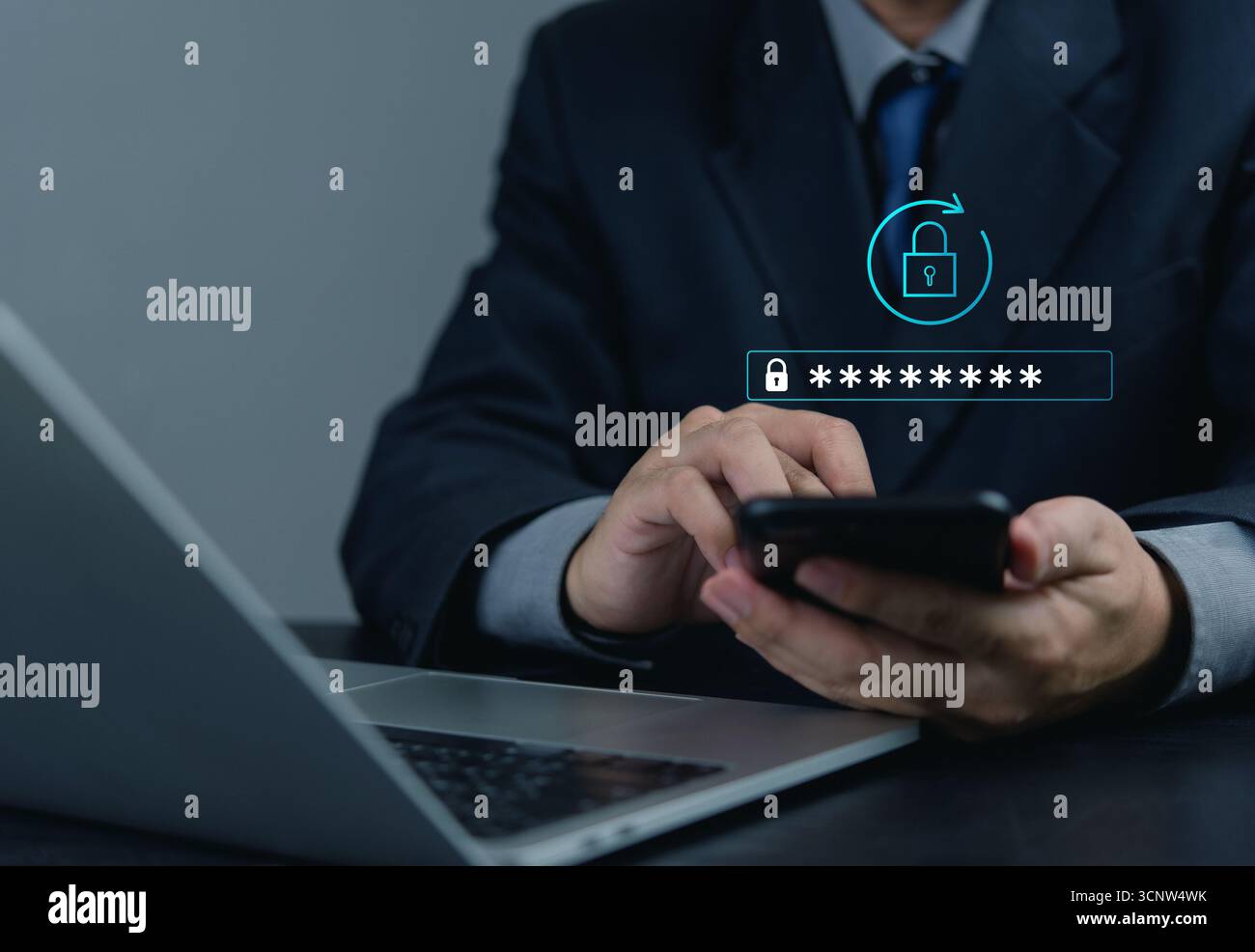 Modern cybersecurity concept, businessman entering password on smartphone, emphasizing encrypted data, internet privacy, secure login and digital prot Stock Photo