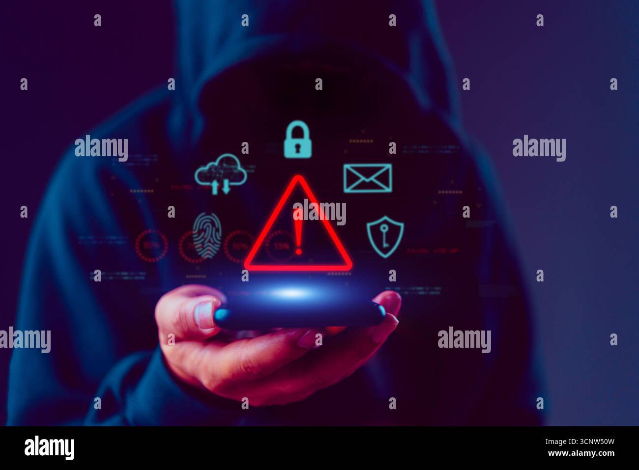 Data breach alert from mobile phone. Anonymous hacker with icons of ...