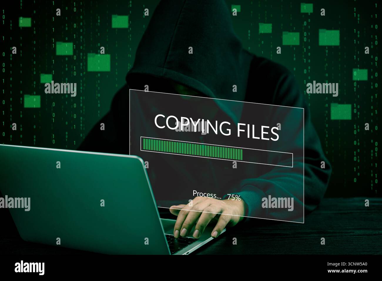 Hacker hands Data transfer File copying process laptop screen ...