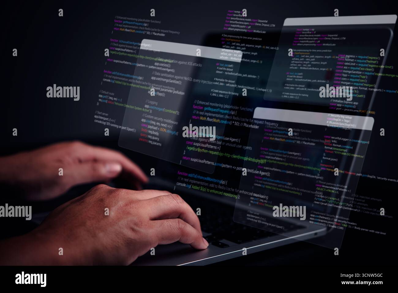 Software developer coding, digital security, data protection. Cybersecurity expert programming language, code overlay. Network defense, future technol Stock Photo